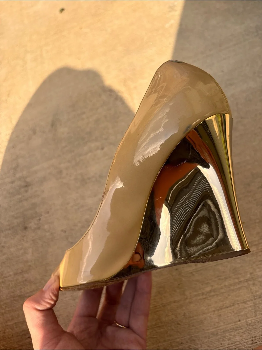 Jimmy Choo Beige Patent Peep-Toe Wedge Pumps